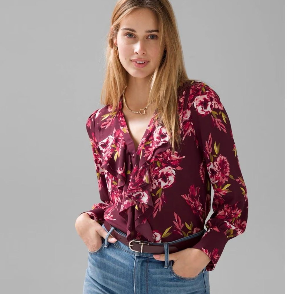 White House Black Market Burgundy Floral Ruffle Blouse Size Medium Cottagecore